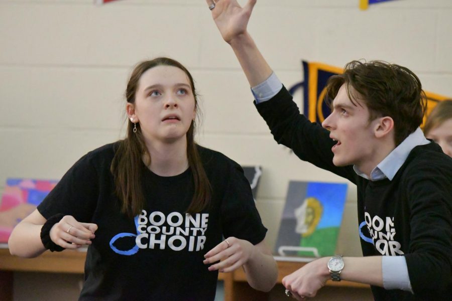 Seniors Abby Johnson and Bryce Herzner perform an improvisation act during the arts showcase at Boone Legacy Night on Feb. 12. 
