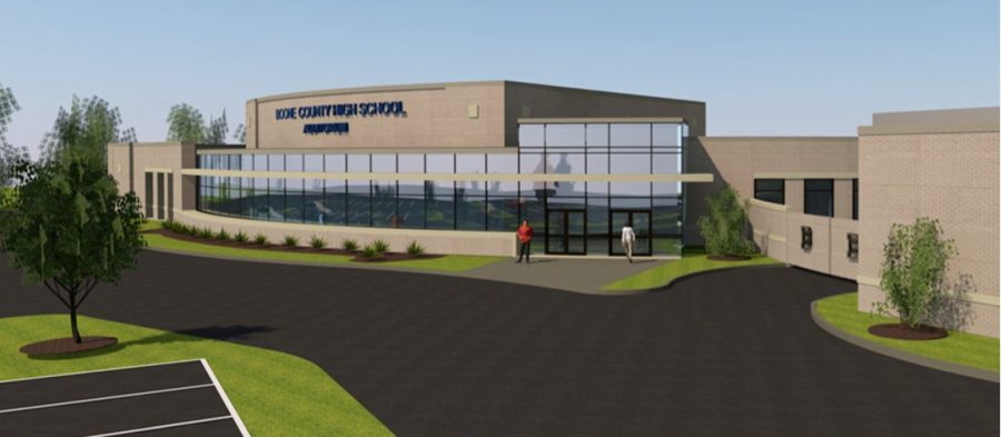An artists rendering depicts the new performing arts center as it will appear from the parking lot outside the cafeteria. The facility is expected to be ready for the 2021-2022 school year.