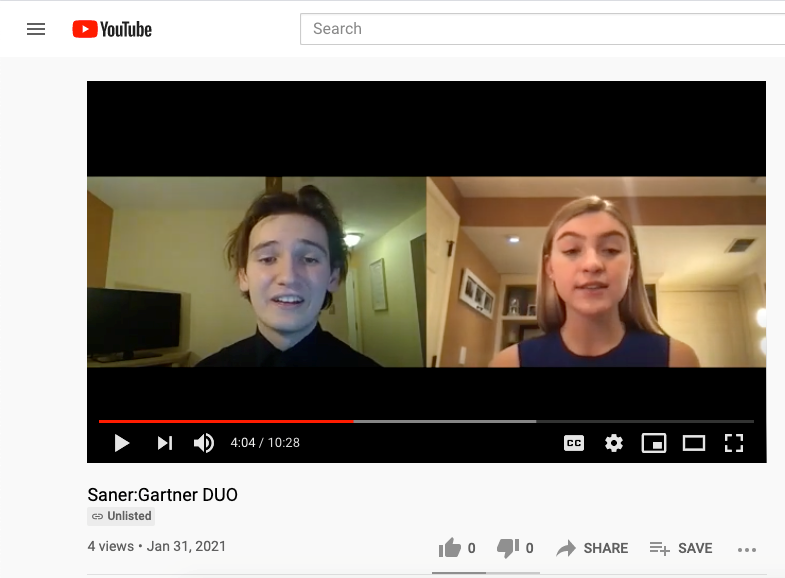 A screenshot from YouTube shows seniors Robert Saner and Katie Gartner performing their duo oral interpretation for the regional forensics competition that took place Feb. 3-6.