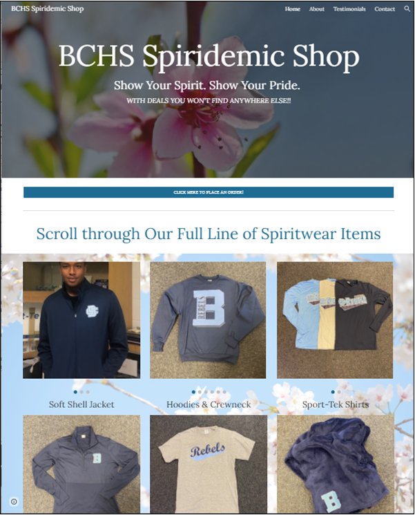 After the global pandemic forced the Retail Marketing class to close their shop in the commons, the class opened an online store, the home page of which is depicted.