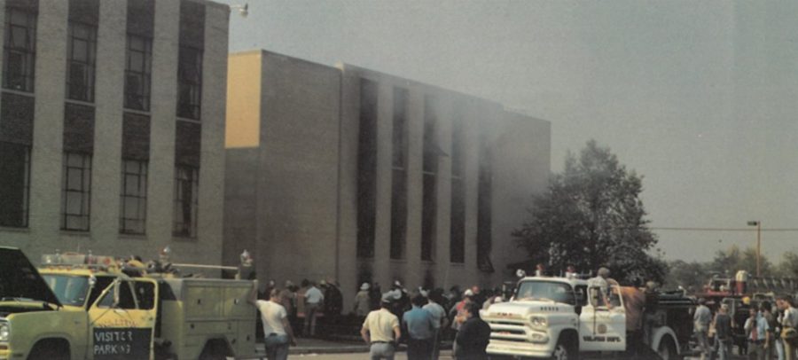 Simon Kenton High School in Independence, Ky. smolders four hours after the first explosion on Oct. 9, 1980. 