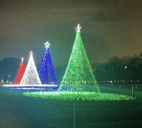 Four different colored Christmas trees shine with the night sky in the background at Coney Island, Cincinnati Ohio, during the 2022 Christmas light show.