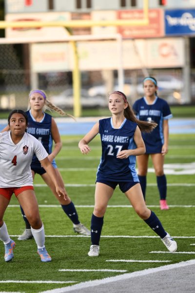 Junior Hailey Jackson waits for an incoming throw in during the girls soccer team's home win over Holmes on Sept. 18.