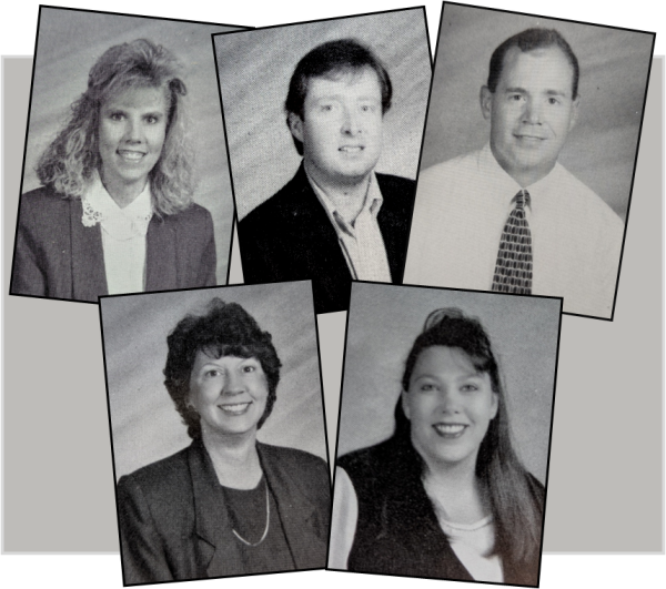 Nearly 150 years of teaching experience retired in 2025, including (TOP LEFT TO BOTTOM RIGHT) Pam Hirn (32 years, pictured in 1994), David Kohl (31 years, 1995), Jon Smith (30 years, 1996), Christy Mollozzi (28 years, 1997), and Andrea Reeves (27 years, 2000). (Photos courtesy of Hi-Ways Yearbook)