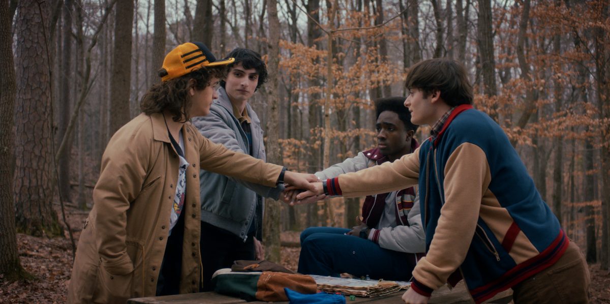 From left: Gaten Matarazzo, Finn Wolfhard, Caleb McLaughlin and Noah Schnapp in ‘Stranger Things’ Season 5. (Courtesy of Netflix © 2025)